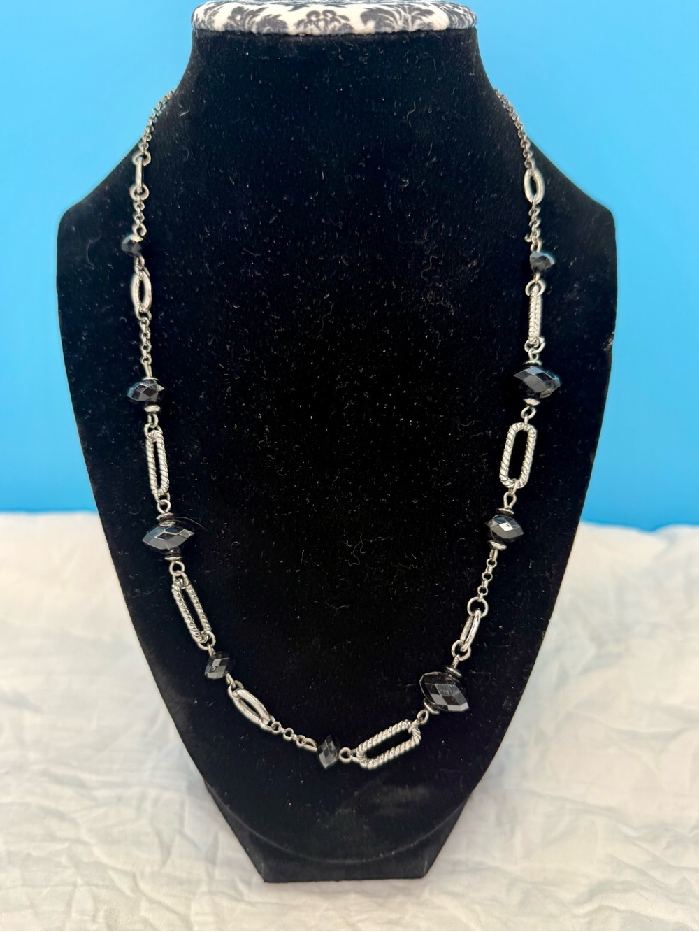 Long Black Bead and Silver-Link Necklace